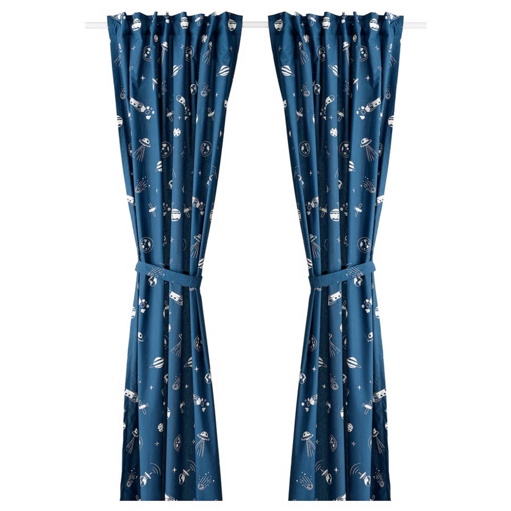 IKEA AFTONSPARV Curtains with tie-backs, 1 pair, space blue/white, 47x98 " NEW